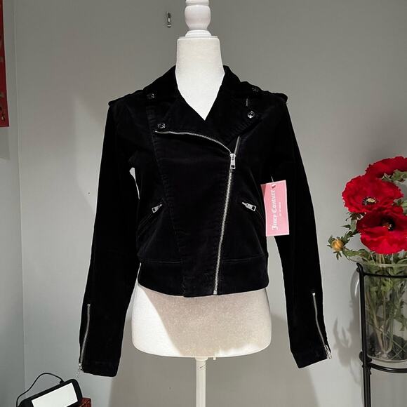 NEW Juicy Couture Corduroy Ribbed Structured Moto Jacket Asymmetrical Zip Black… - Picture 3 of 16
